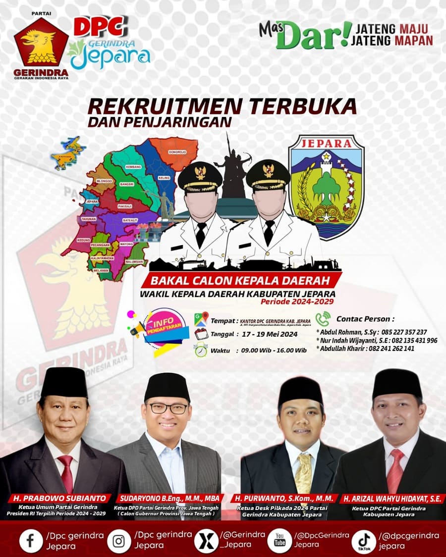 Gerindra Jepara Buka Penjaringan Bakal Cabup – Cawabup, Non Kader Boleh Daftar